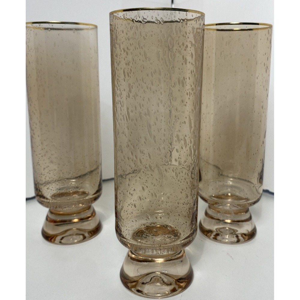 MCM Amber Seeded Glass Champagne Flutes Gold Rim Set of 3 Skinny Boho Glassware